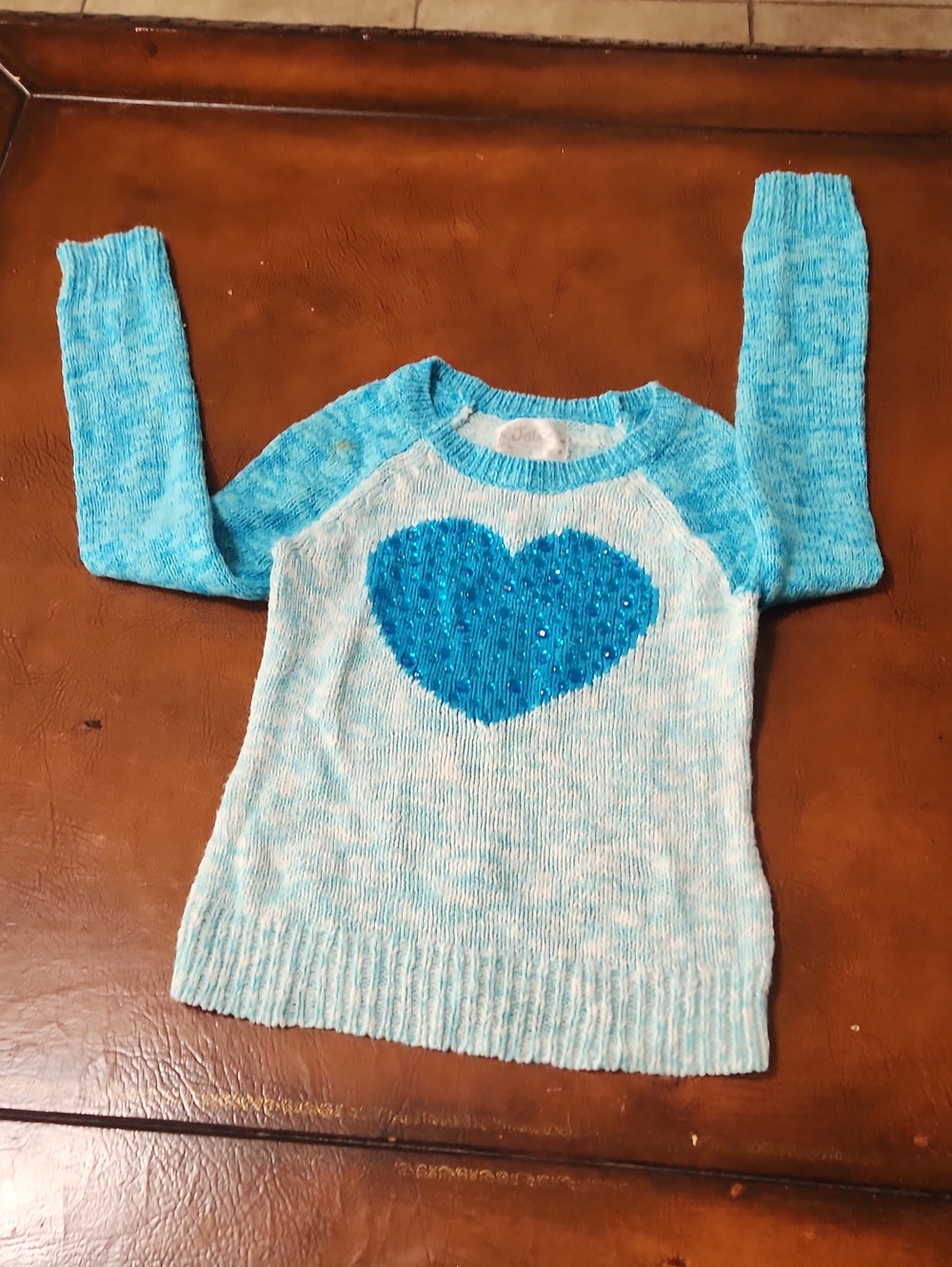 Justice Aqua Knit Crewneck Sweater with Teal Heart